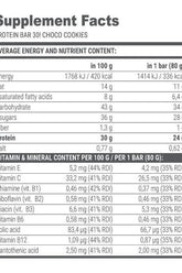 Nutritional information for Extrifit Protein Bar 30% Chocolate Cookie, detailing energy and vitamin content.